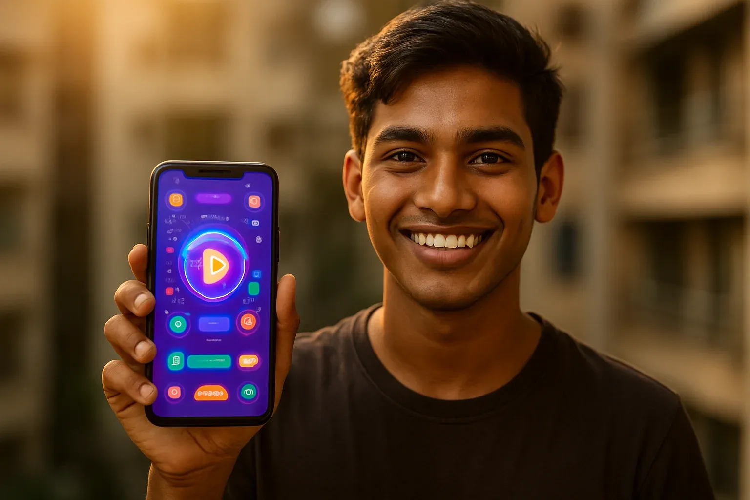 Smiling young Bangladeshi man holding smartphone with colorful gaming app interface