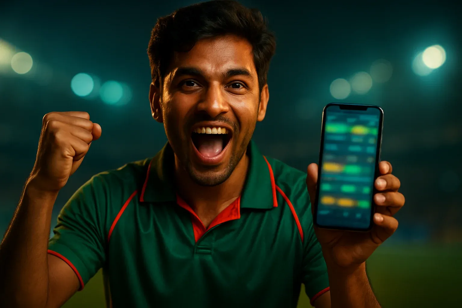 Excited Bangladeshi man cheering with smartphone showing sports betting interface