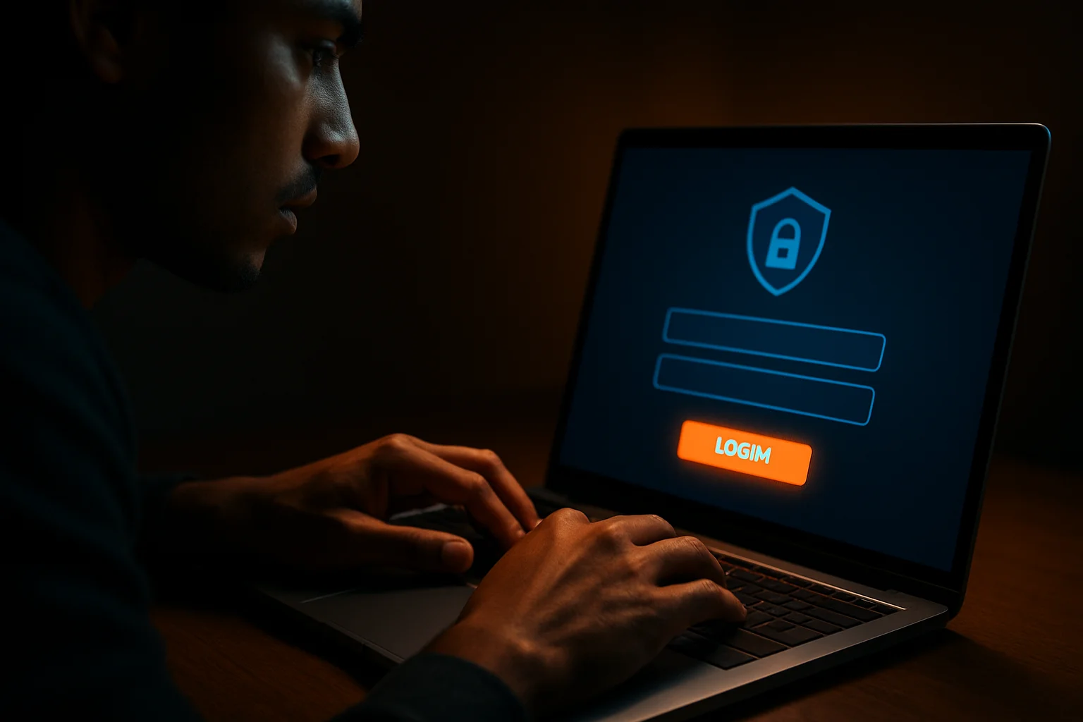Young Bangladeshi man's hands on laptop showing stylized login form